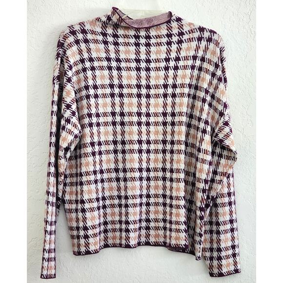 Top/Knit Sweater-Anne Klein-Houndstooth-Burgundy/Brown-Mock Turtleneck-Size LG-P - Picture 2 of 12
